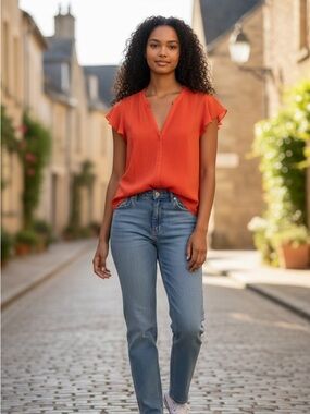 H& M Pleated V-Neck Flutter Sleeve Women's Top - Orange size 12